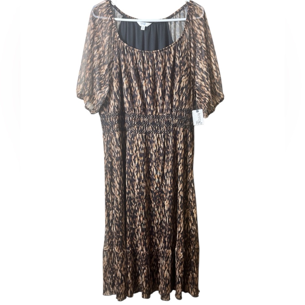 NWT Terra & Sky Leopard Cheetah Print Smocked Midi Dress Sheer Short Sleeve‎ 2X